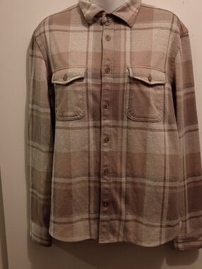 Express Men's Beige and Tan Plaid Shirt Jacket